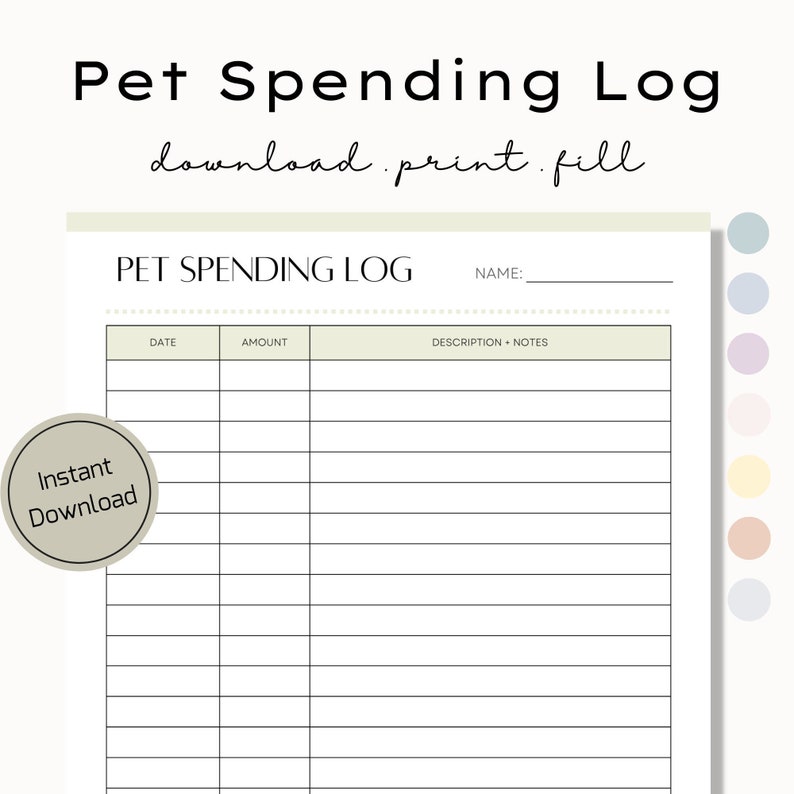 Printable Pet Spending Log Dog Finance Cat Finance Puppy Etsy