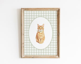 Stampa per cameretta di gatto soriano arancione a pelo corto, stampa per cameretta di gatto acquerello, cameretta per neonato, decorazioni per cameretta a quadretti verde salvia, decorazioni per cameretta per bambina