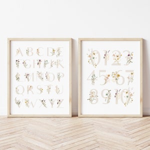 Lot de 2 affiches chiffres alphabet floral, affiche alphabet fleurs sauvages, art mural ABC floral, décoration de chambre de filles, impression alphabet floral vintage