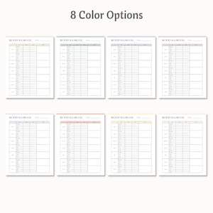 May include: Eight printable blood sugar log templates in different colors: beige, light blue, light gray, pink, peach, yellow, light green, and lavender. Each template has a title "Blood Sugar Log" and columns for date, time, meal, blood sugar level, notes, and insulin.