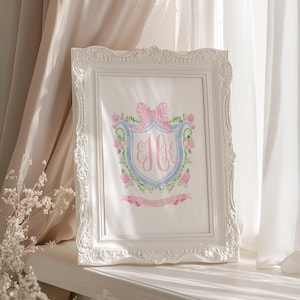 Monogram Nursery Wall Art, Grandmillennial Nursery, Pink Bow Crest, Girl Nursery Print, Baby Name Nursery Wall Decor, Floral Pink Girl Room