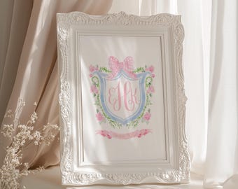 Monogram Nursery Wall Art, Grandmillennial Nursery, Pink Bow Crest, Girl Nursery Print, Baby Name Nursery Wall Decor, Floral Pink Girl Room