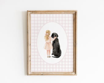 Black Labrador Retriever with Blonde Little Girl Nursery Decor, Watercolor Lab Dog Theme Nursery Print, Baby Girl Nursery Wall Art