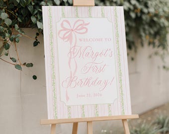 Birthday Welcome Sign, Pink and Green Floral First Birthday Sign, Pink Bow Party Decor, Foam Board Welcome Poster, Girl Birthday Welcome