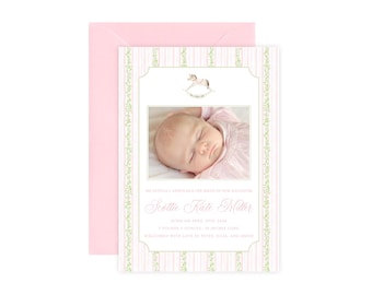 Watercolor Rocking Horse Girl Birth Announcement, Pink Floral Monogram Newborn Announcement, Double Sided Photo Baby Birth Announcement Card