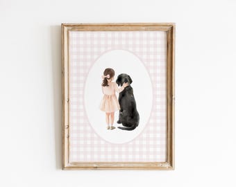 Black Labrador Retriever with Brunette Little Girl Nursery Decor, Watercolor Lab Dog Theme Nursery Print, Baby Girl Nursery Wall Art