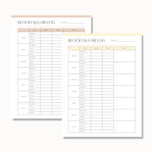 May include: Two printable blood sugar log sheets with a simple design. Each sheet has a column for the day of the week, meal, before, after, and notes. The sheets are in black and white with a light peach background.