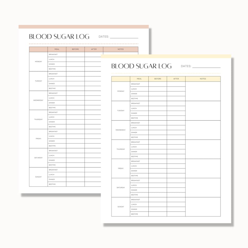 May include: Two printable blood sugar log sheets with a simple design. Each sheet has a column for the day of the week, meal, before, after, and notes. The sheets are in black and white with a light peach background.