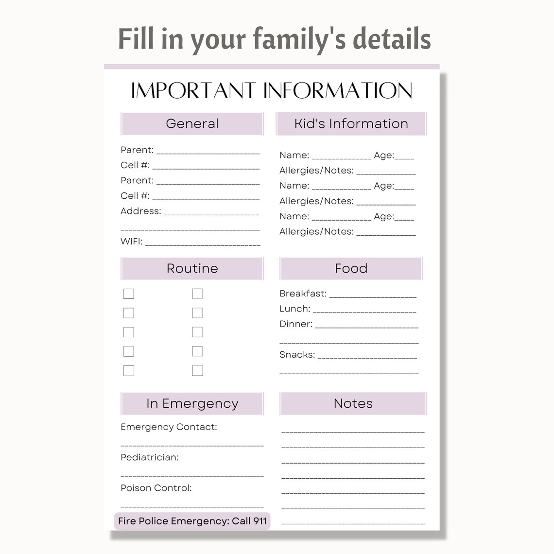 Printable Babysitter Important Information Sheet Template - Etsy