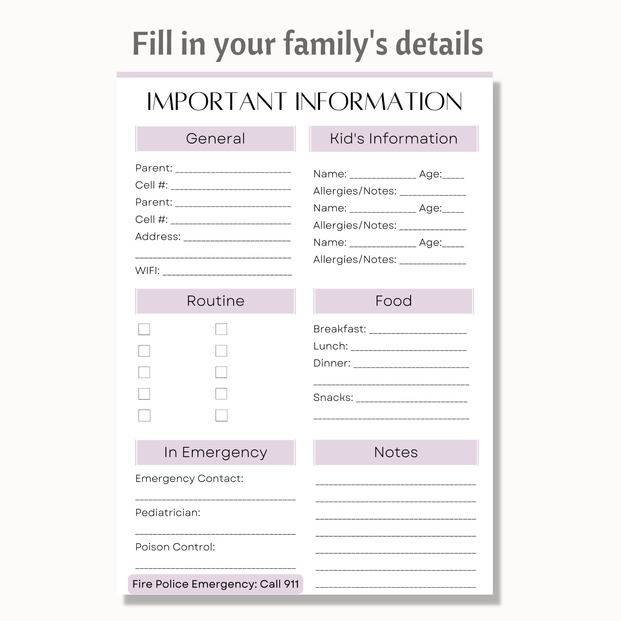 Printable Babysitter Info Sheet, Babysitter Contact Info, New ...