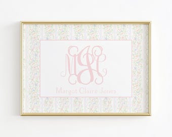 Monogram Nursery Wall Art, Grandmillennial Nursery, Pink and Green Girl Nursery Print, Bow Baby Name Above Crib Wall Decor, Floral Girl Room