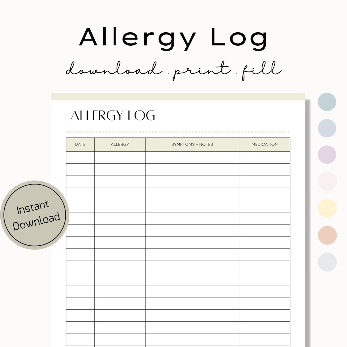 Printable Allergy Log Sheet Health Records Tracker Allergy Etsy