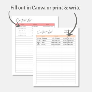 Editable Contact List Canva Template, Printable Contact List Sheet ...