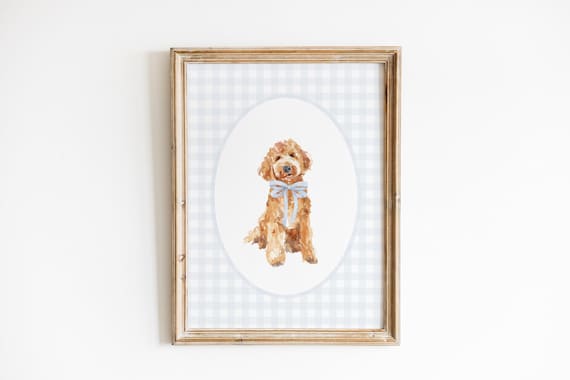 Golden Doodle Nursery Decor, Watercolor Dog Nursery Print, Baby Boy Nursery, Blue Gingham Wall Print, Classic Blue Bow Art, Doodle Nursery