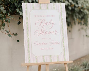 Printable Baby Shower Welcome Sign, Baby Carriage Welcome Sign, Pink and Green Floral Baby Shower Sign, Baby Shower Decor, Welcome Poster