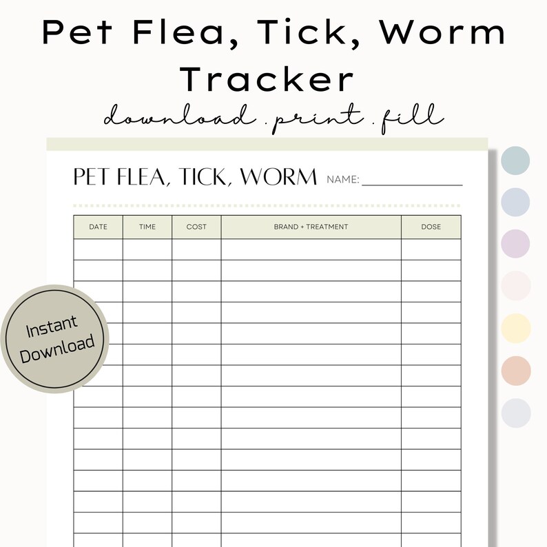 Printable Pet Flea Tick and Worm Treatment Tracker Pet Etsy