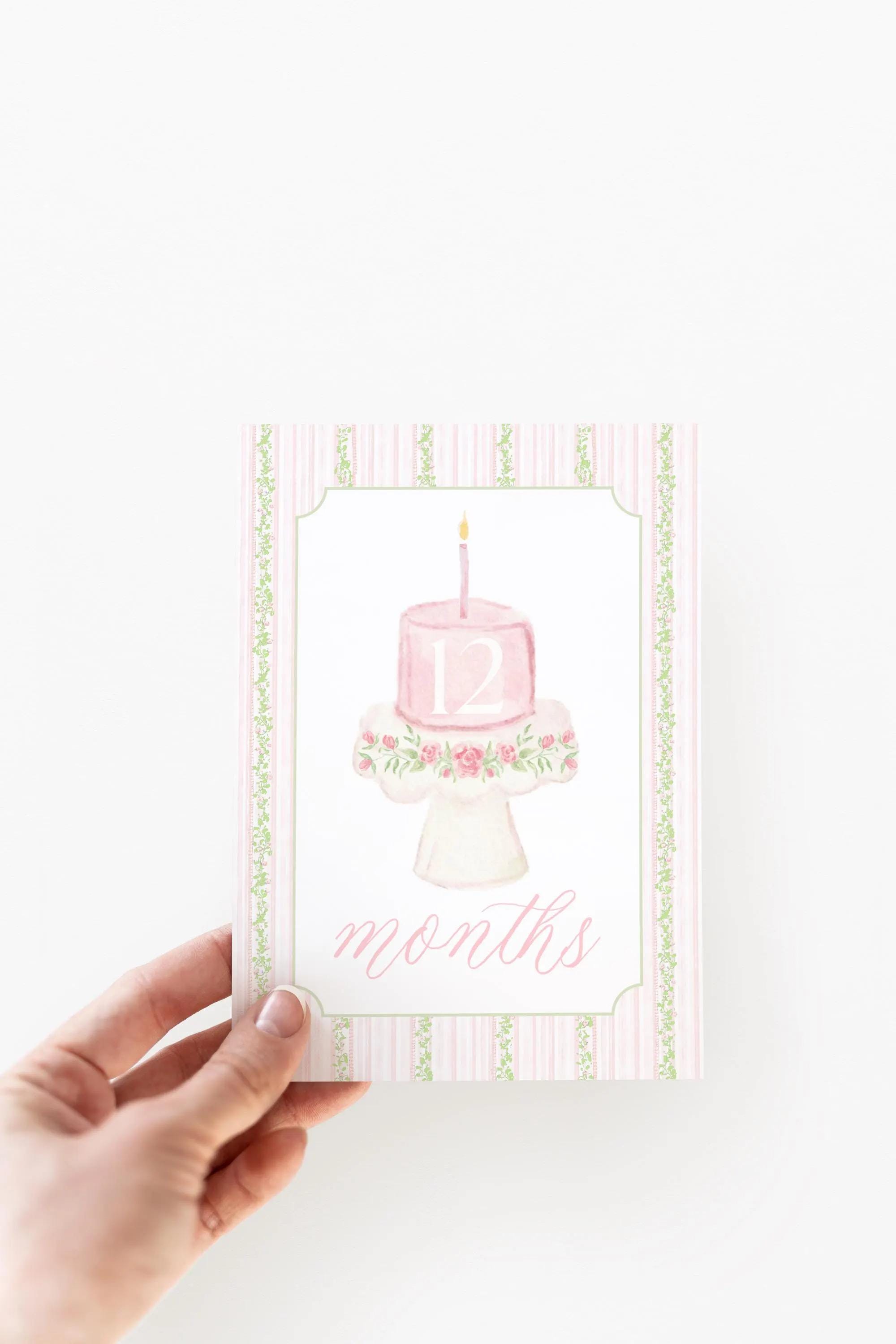 Baby Girl Milestone Cards, Watercolor Pink Green Floral Milestone Cards ...