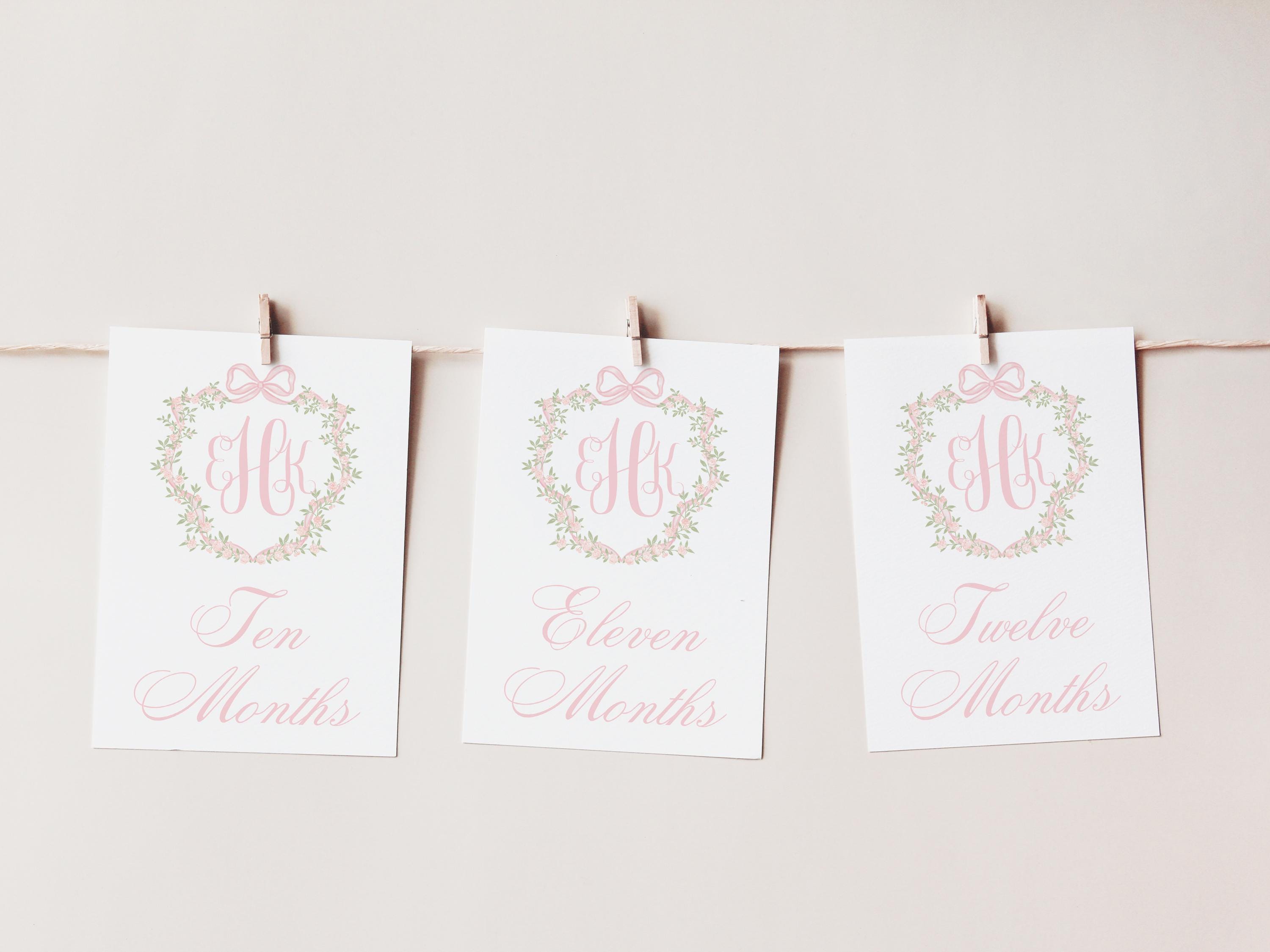 Monogram Crest Baby Milestone Cards, Dainty Pink Floral Crest Milestone ...