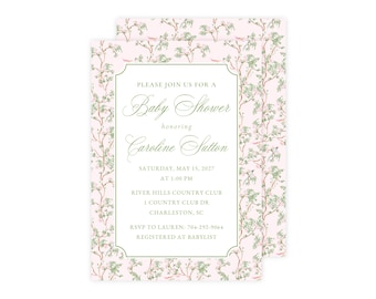 Chinoiserie Baby Shower Invitation, Pink and Green Floral Baby Girl Shower Invitation, Girl Baby Sprinkle Invite, Printed Invitations