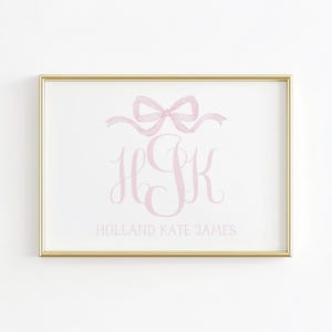 Monogram Nursery Wall Art, Grandmillennial Nursery, Vintage Pink Bow Print, Girl Nursery Print, Baby Name Nursery Wall Decor, Pink Girl Room