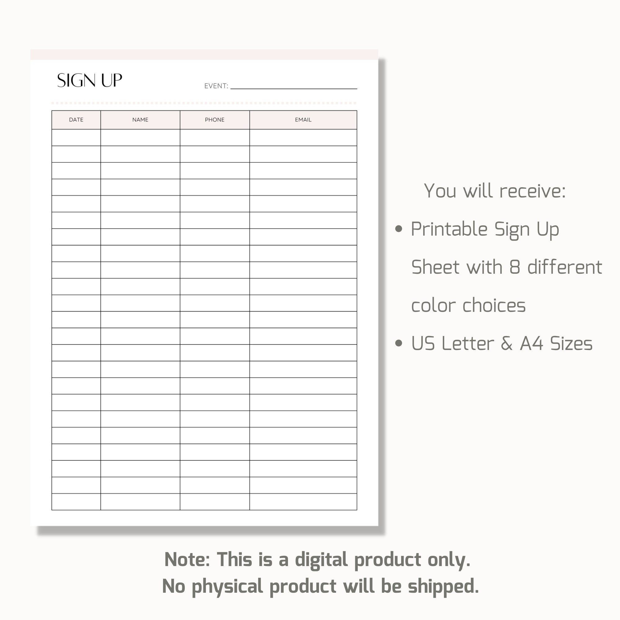 Printable Sign up Sheet, Contact Sheet, Event Sign up Form, Party Sign