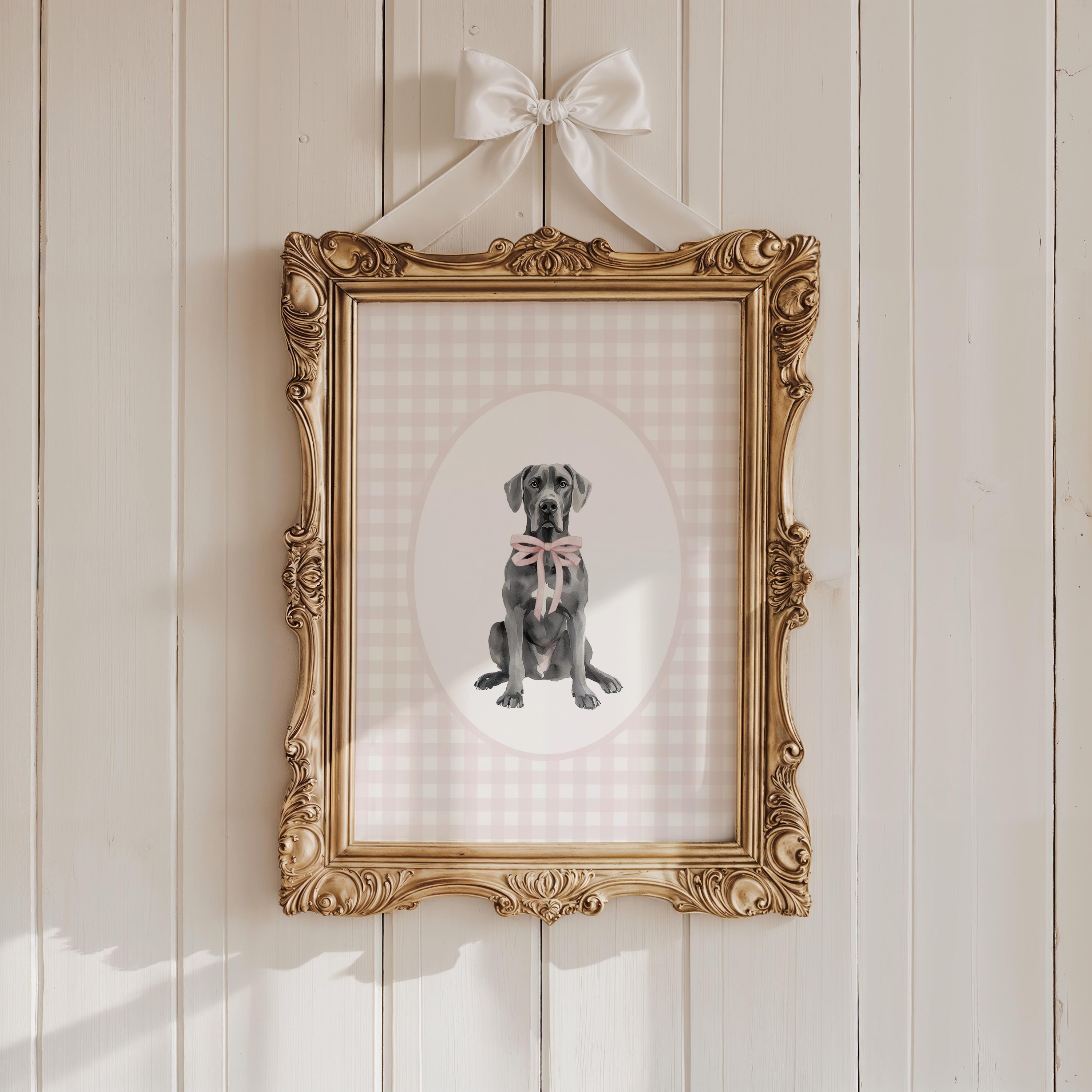 Gray Great Dane Nursery Decor, Watercolor Dog Nursery, Baby Girl Nursery, Pink Gingham Wall Print, Coquette Pink Bow Art, Puppy Nursery