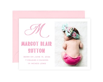 Printed Monogram Baby Girl Birth Announcement, Modern Pink Newborn Announcement, Horizontal Double Sided Photo Baby Birth Announcement Card
