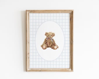 Watercolor Vintage Teddy Bear Print, Baby Boy Nursery Art, Soft Blue Gingham Watercolor Nursery Art, Teddy Boy Room Decor, Blue Nursery Art