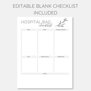 May include: Printable checklist for packing a hospital bag for a new mom, dad, and baby. The checklist is divided into sections for mom, baby, dad, labor tools, miscellaneous, and important items. There is also a section for notes.