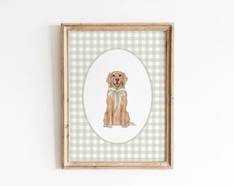Golden Retriever Nursery Print, Custom Watercolor Dog Nursery Art, Baby Boy Nursery, Sage Green Gingham Puppy Nursery Decor, Girl Wall Art