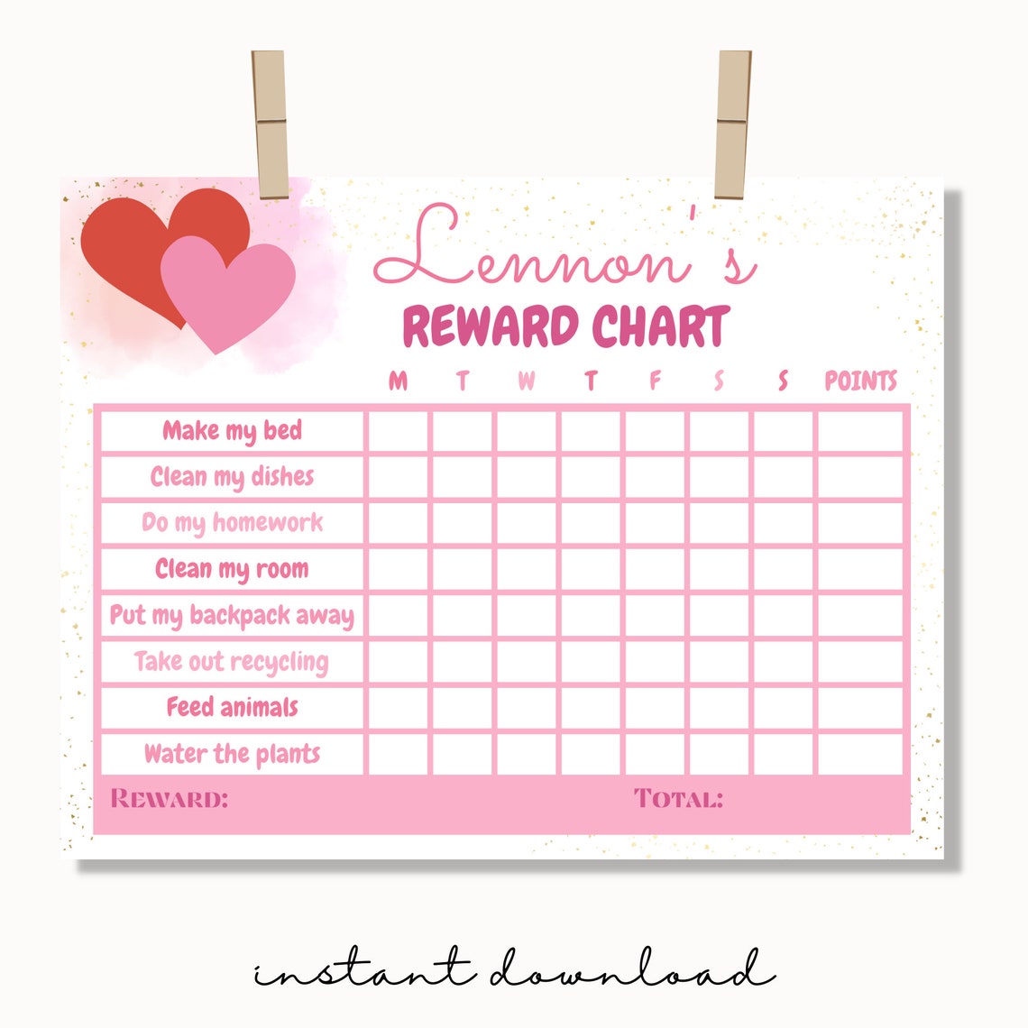 Hearts Reward Chart, Printable Rewards Chart, Editable Hearts Chart ...