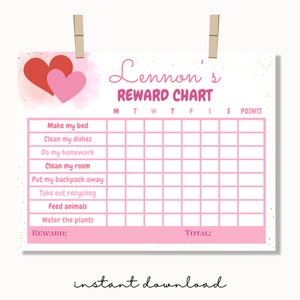 Hearts Reward Chart, Printable Rewards Chart, Editable Hearts Chart ...