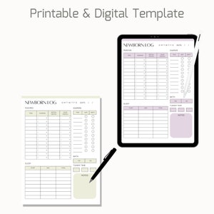 May include: Printable and digital newborn log template with sections for feeding, sleep, diapers, bath, tummy time, and notes. The template has a light green background with black text and lines.