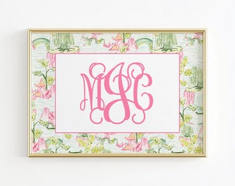 Chinoiserie Monogram Wall Art, Custom Dorm Room Decor, Pink and Green Initials Print, Monogram Girls Wall Art, Grandmillennial Nursery