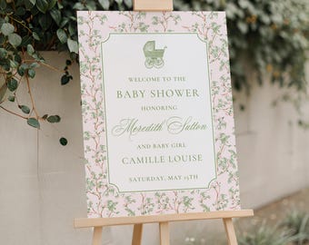 Chinoiserie Baby Shower Welcome Sign, Pink Green Floral Baby Shower, Baby Sprinkle Decor, Foam Board Welcome Poster, Baby Girl Welcome Sign