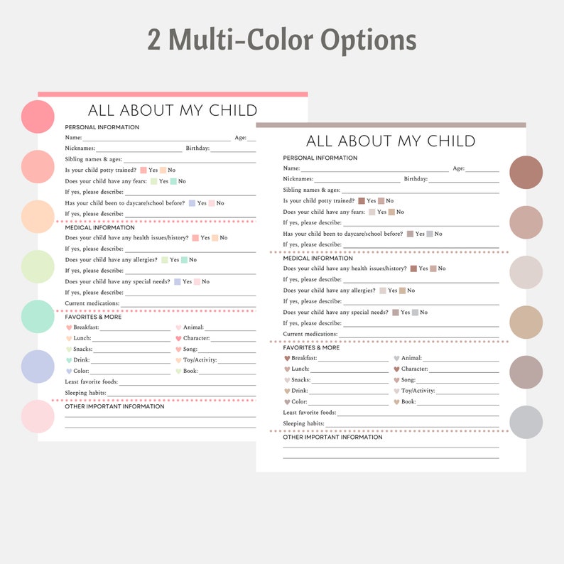 Child info sheet printable fillable daycare all about me form