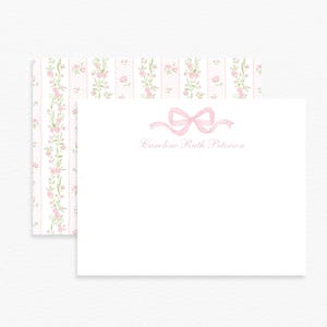 Personalized Bow Note Cards, Custom Pink Floral Stationery, Girl Baby Shower Thank You, Watercolor Pink Bow Stationery, Girls Stationery