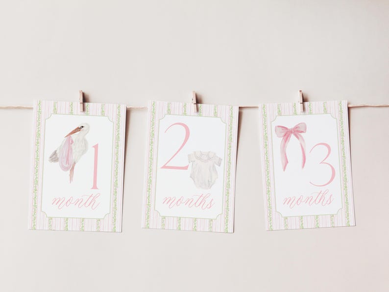 Baby Girl Milestone Cards, Watercolor Pink Green Floral Milestone Cards ...