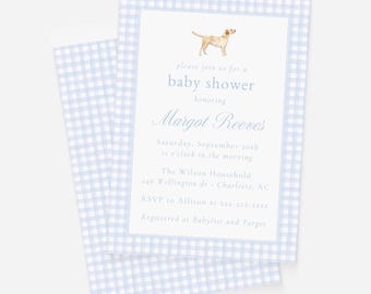 Digital Labrador Baby Shower Invitation, Blue Gingham Baby Boy Shower Invitation, Dog Baby Shower Invite, Puppy Theme Baby Sprinkle