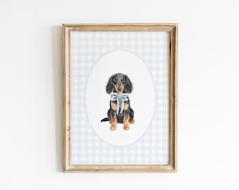Långt hår svart och brun tax barnrumsdekor, akvarell wienerhund barnrumstryck, babypojke barnrum, blå rosett gingham väggkonsttryck