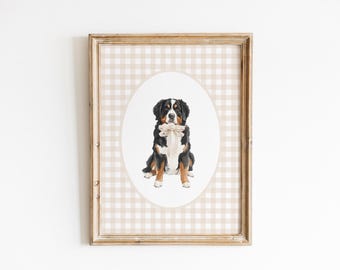 Bernese Mountain Dog Nursery Decor, Watercolor Dog Boy Nursery Print, Baby Girl Nursery, Neutral Gingham Wall Prints, Tan Beige Bow Dog Art