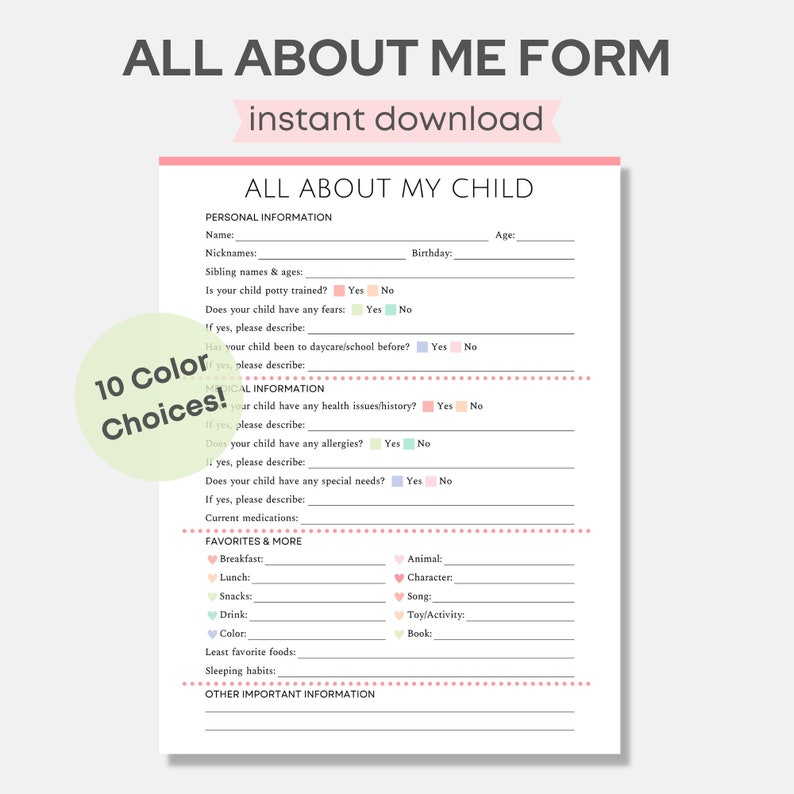 Printable Daycare All About Me Form, Child Information Sheet, Daycare ...