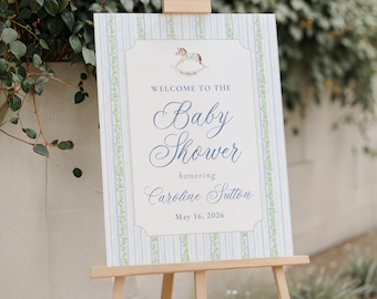 Baby Shower Welcome Sign, Rocking Horse Welcome Sign, Blue and Green Floral Baby Shower Sign, Baby Sprinkle Decor, Foam Board Welcome Poster