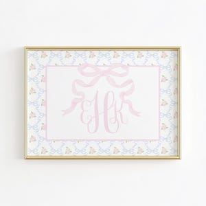Monogram Nursery Wall Art, Grandmillennial Nursery, Pink Bow Print, Girl Nursery Prints, Baby Name Nursery Crib Wall Decor, Pink Girl Room