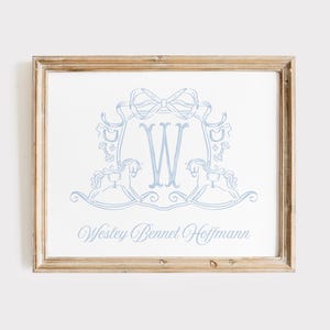 Baby Boy Name Nursery Wall Art, Rocking Horse Nursery Wall Art Decor, Monogram Crest Above Crib Decor, Watercolor Classic Blue Nursery Print