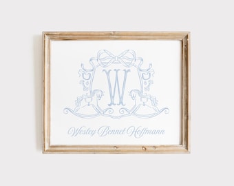 Art mural pour chambre d'enfant prénom bébé garçon, art déco mural pour chambre d'enfant cheval à bascule, écusson monogramme au-dessus de la décoration de lit de bébé, impression aquarelle bleu classique pour chambre d'enfant