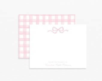 From The Nursery of Cards, Personalized Nursery Stationery, Custom Pink Gingham Stationery, Girl Baby Shower Thank You, Pink Bow Stationery