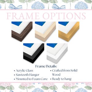 Pode incluir: Imagem mostrando cinco op&ccedil;&otilde;es de moldura: marrom escuro, madeira natural, dourado, preto e branco. O texto "FRAME OPTIONS" est&aacute; no topo. Os detalhes da moldura incluem vidro acr&iacute;lico, pendurador de dente de serra, montado em n&uacute;cleo de espuma, madeira maci&ccedil;a e pronto para pendurar.