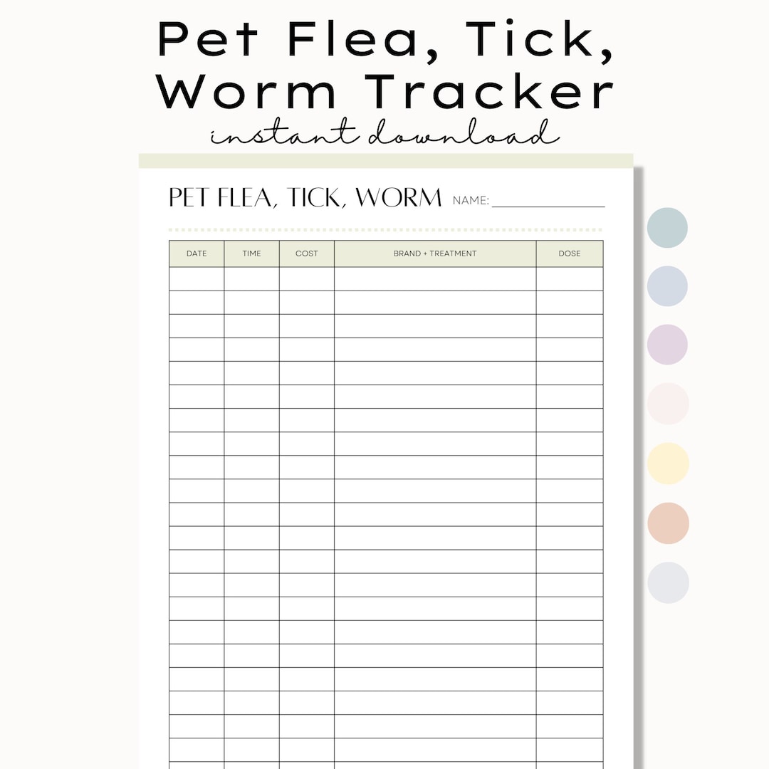 Printable Pet Flea, Tick, and Worm Treatment Tracker, Pet Health