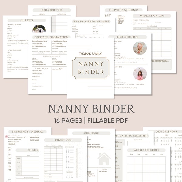 Fillable Nanny Binder PDF, Printable Nanny Planner Template, Nanny Guide, Infant Log, Nanny Contract, Babysitter Info, Nanny Agreement Forms